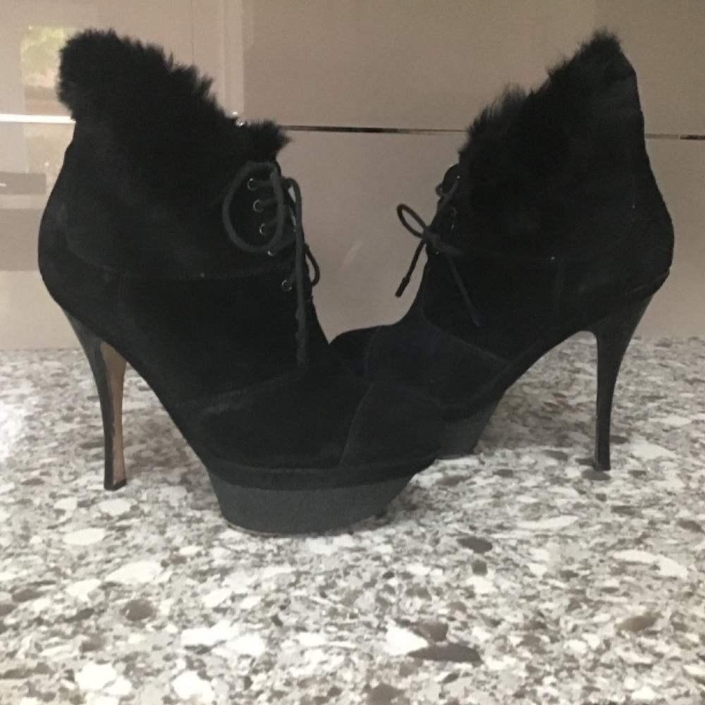 L.A.M.B. Gwen Stefani Black Suede Shearling Heels